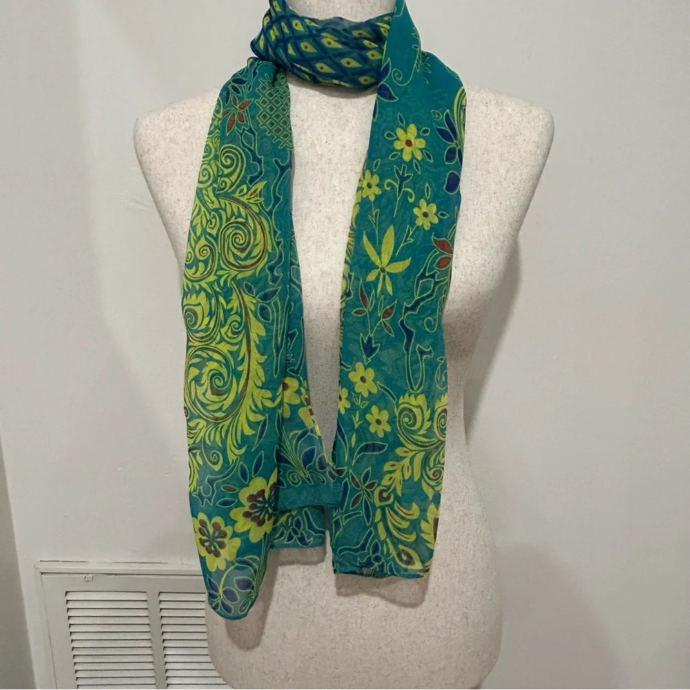 Liang Dian Silk Blend Rectangular Teal & Gold Peacock Scarf - 20” x 59”